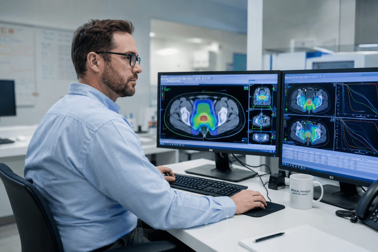 Medical physicist reviewing treatment plans on dual monitors in a clinical planning environment