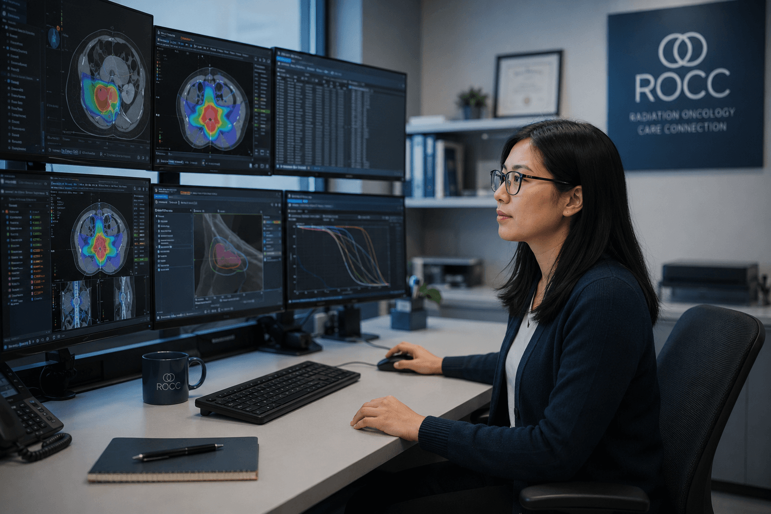 ROCC dosimetrist reviewing treatment plans on a multi-monitor workstation in a modern clinical planning environment